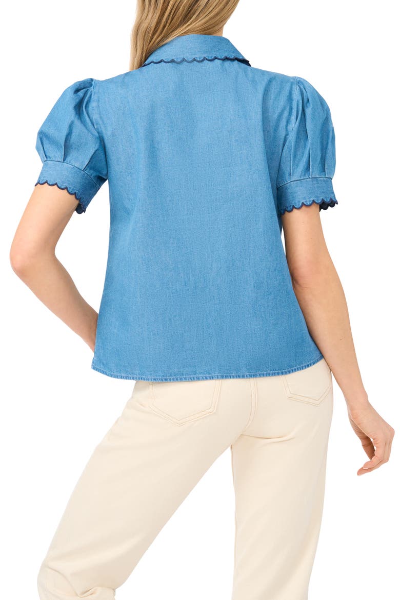 Scallop Trim Puff Sleeve Denim Placket Button-Up Shirt, Alternate, color, LIGHT INDIGO