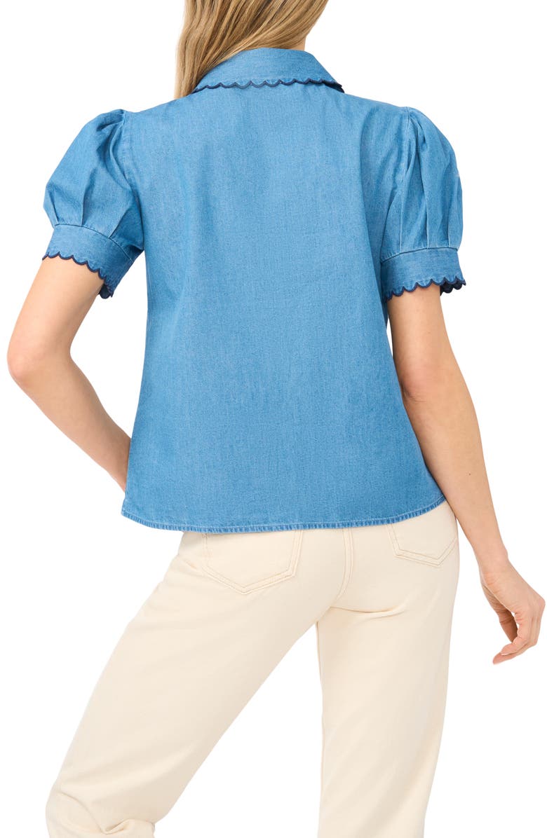 CeCe Scallop Trim Puff Sleeve Denim Placket Button-Up Shirt, Alternate, color, Light Indigo