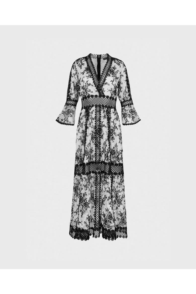 Amodio Long Floral Lace Dress, Main, color, Black/White