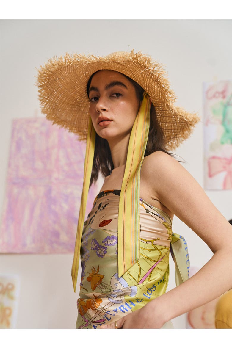 FRIDA x LOST PATTERN "Frida's Garden" Straw Hat with Ribbon Tie, Alternate, color, Green