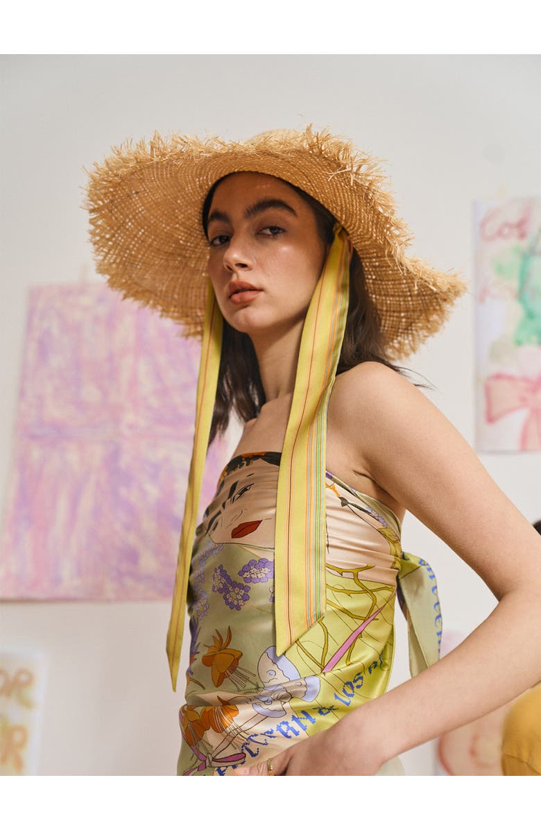 Lost Pattern FRIDA x LOST PATTERN "Frida's Garden" Straw Hat with Ribbon Tie, Alternate, color, Green