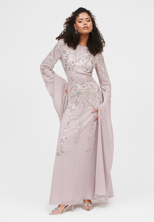 Maryisa Embellished Sequin Beaded Cowl Neck  Maxi Dress In Lilac