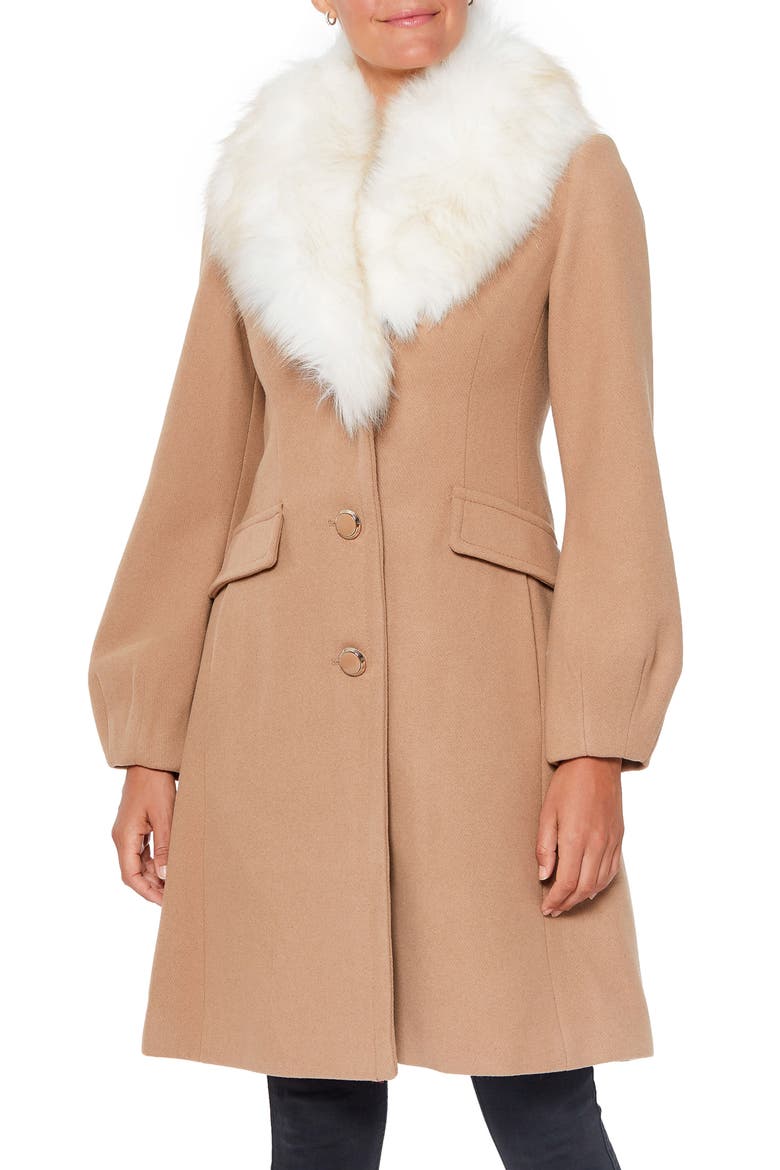 wool blend coat with faux fur collar, Main, color, CAMEL CREAM COMBO