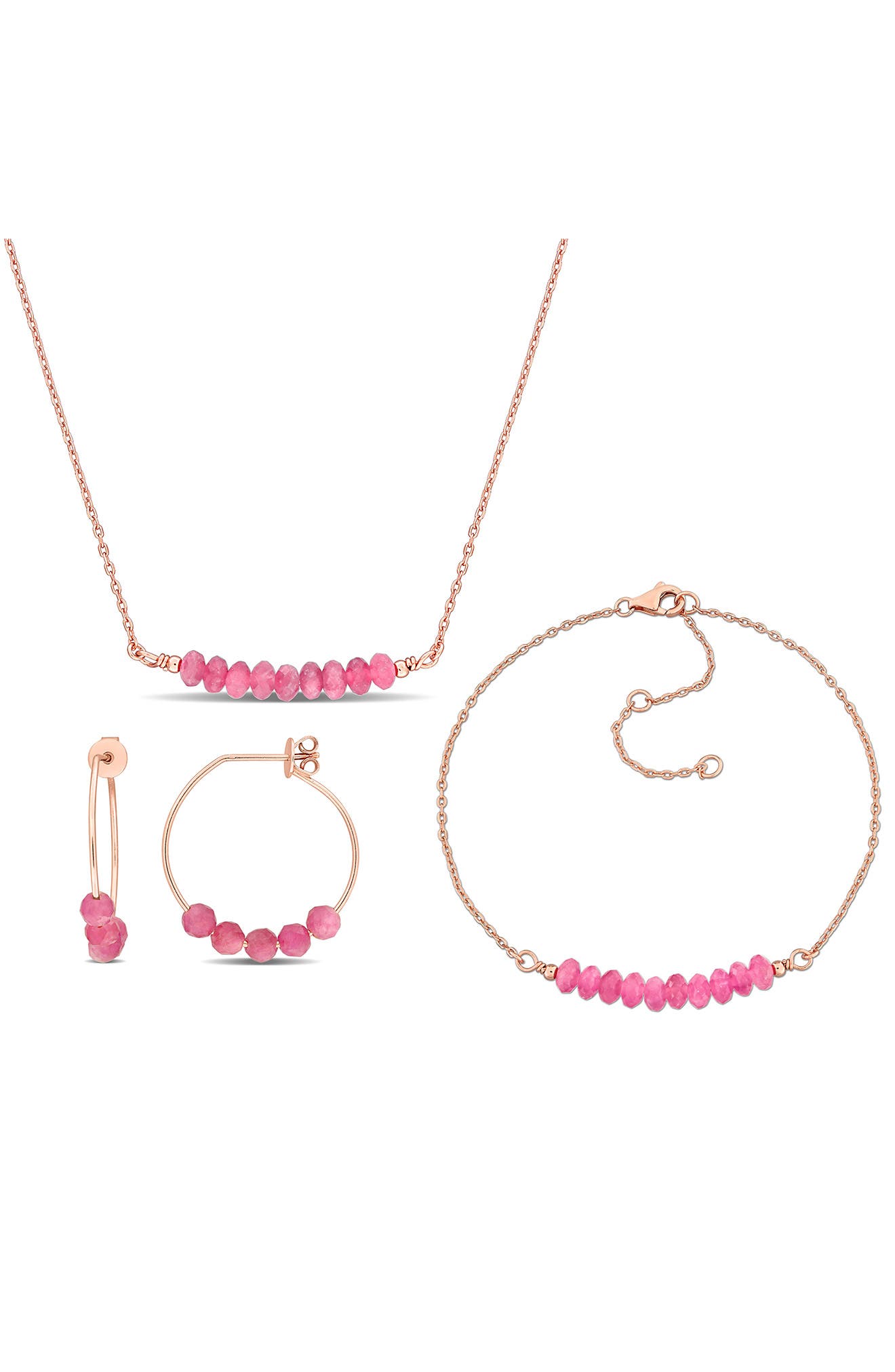 DELMAR Pink Tourmaline Beaded Earrings, Bracelet & Necklace Set
