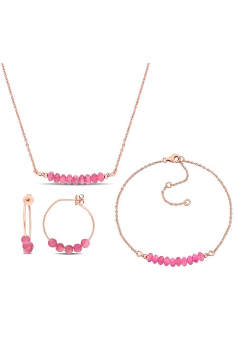 Pink Tourmaline Beaded Earrings, Bracelet & Necklace Set