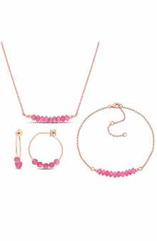 DELMAR Pink Tourmaline Beaded Earrings, Bracelet & Necklace Set