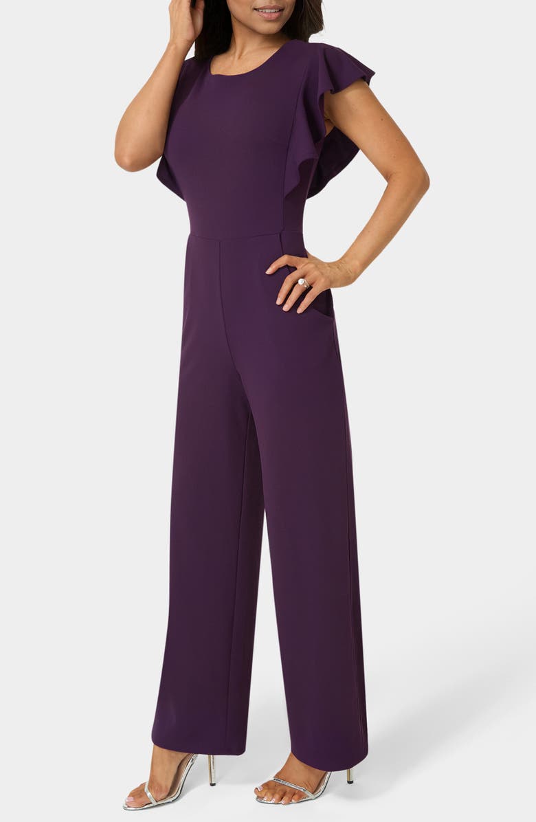 bebe Ruffle Scuba Jumpsuit, Alternate, color, Eggplant