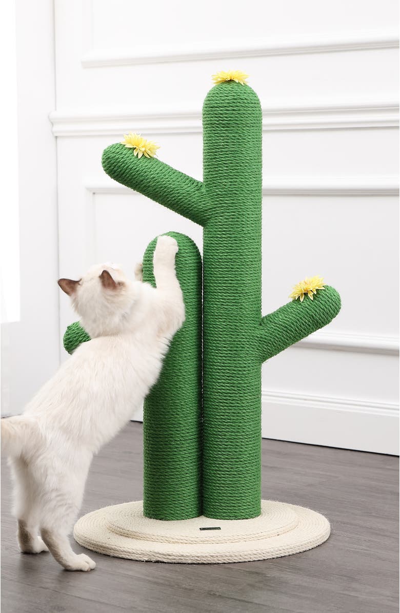 The Licker Store Socorro 34.25" Modern Jute Double-Cactus Cat Scratching Post with Flower Toys, Alternate, color, Green