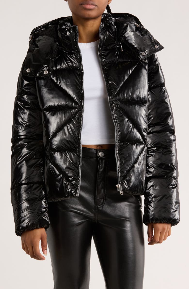 Sam Edelman Faux Shearling Lined Hood Crop Puffer Jacket, Alternate, color, Black