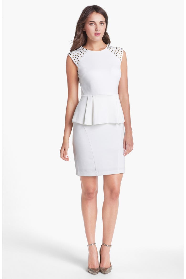 Studded Detail Peplum Sheath Dress, Main, color, WHITE