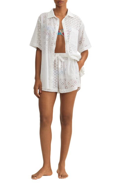 Embroidered Eyelet Cotton Cover-Up Shirt & Shorts Set