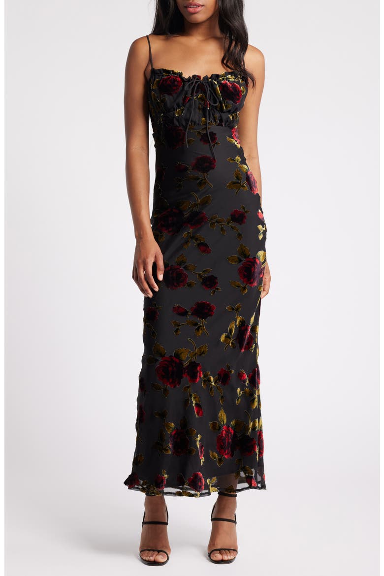 Devore Floral Tie Front Chiffon Maxi Dress, Main, color, BLACK MULTI