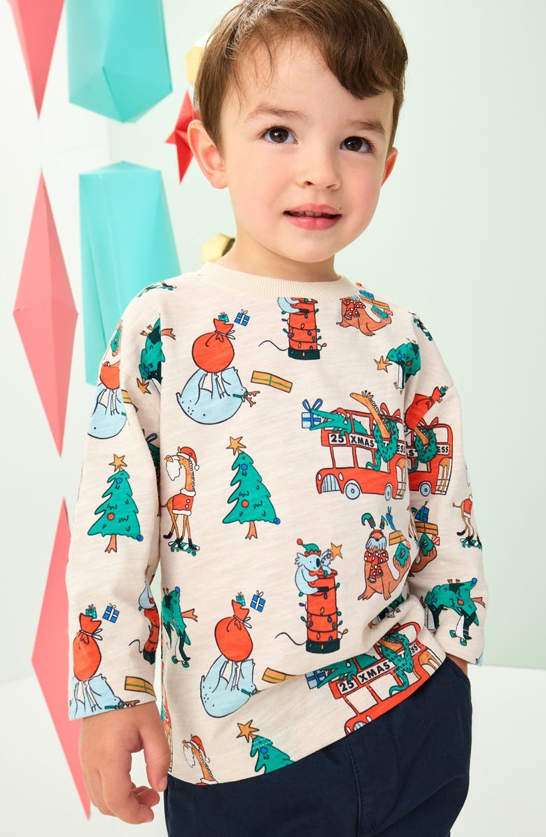 NEXT Kids' Holiday Print Long Sleeve Cotton T-Shirt, Alternate, color, Neutral
