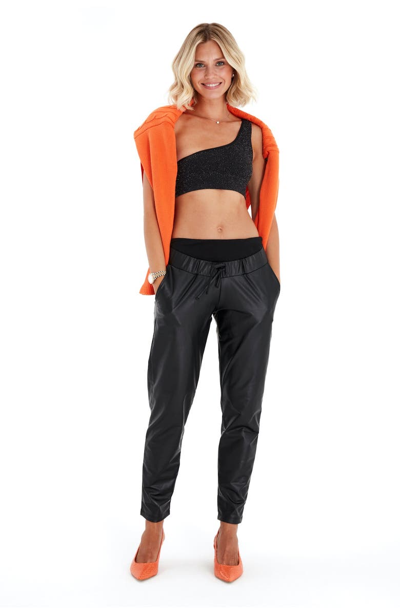 Accouchée Comfy Cool Foldover Waistband Faux Leather Jogger Pants, Main, color, Black