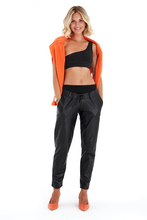 Accouchée Comfy Cool Foldover Waistband Faux Leather Jogger Pants In Black