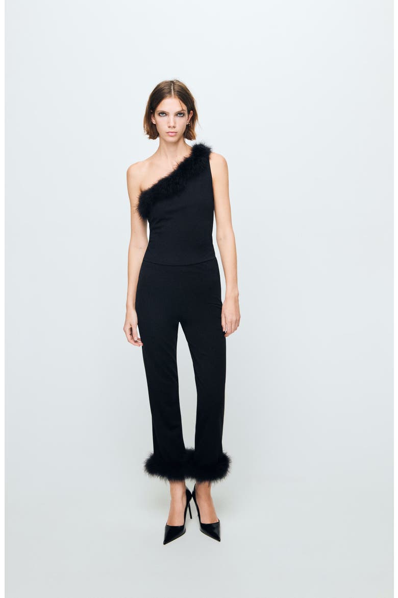 Xplumi Feather Trim One-Shoulder Top, Alternate, color, BLACK