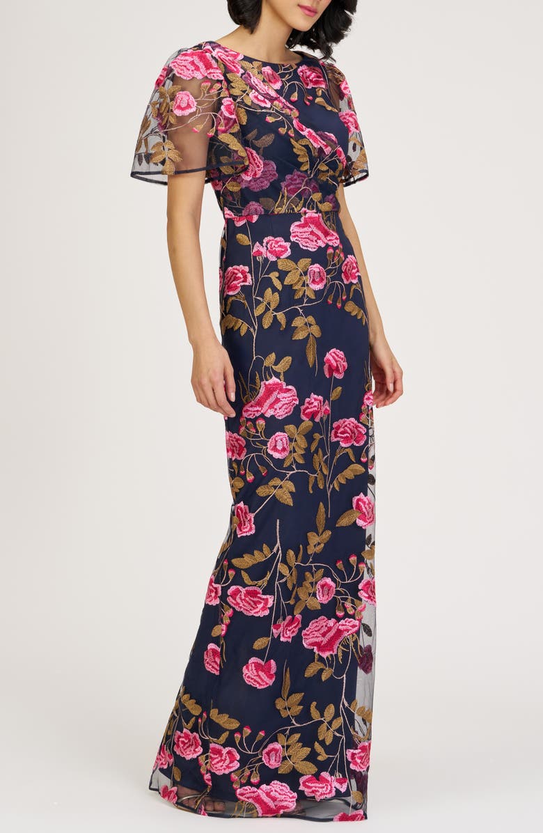 JS Collections Kristine Floral Embroidery Column Gown, Alternate, color, Navy Multi