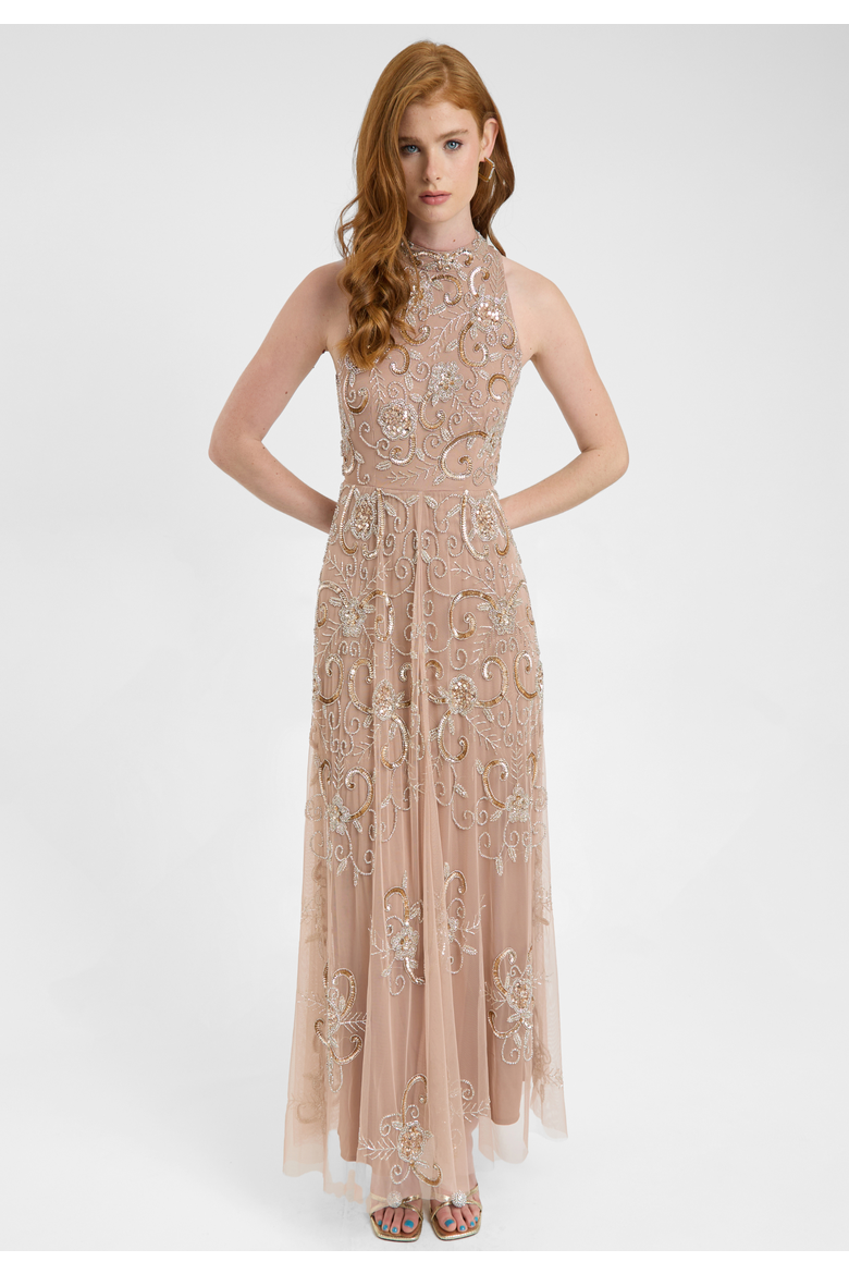 Embellished Sequin Beaded Maxi Dress With High Neckline With Sleeveless Design, Alternate, color, TAUPE BLUSH