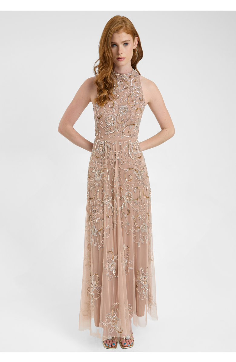 BEAUUT Embellished Sequin Beaded Maxi Dress With High Neckline With Sleeveless Design, Alternate, color, Taupe Blush