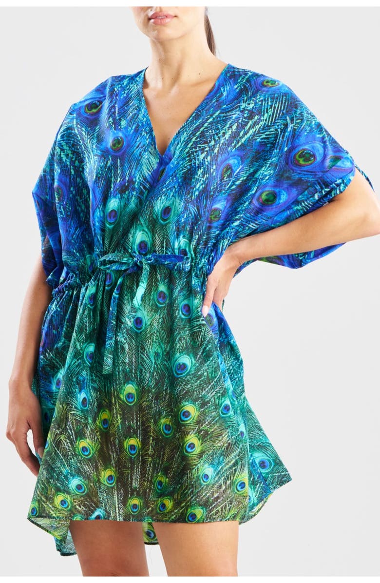 Natori Peacock Cotton Voile Short Caftan, Alternate, color, Teal