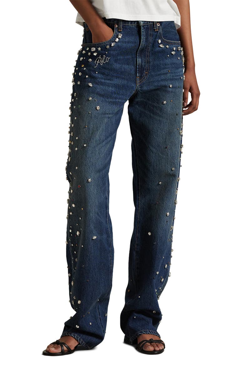 Rhinestone Embellished High Waist Relaxed Straight Leg Jeans, Main, color, LUGO WASH