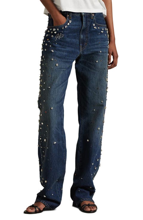 Rhinestone Embellished High Waist Relaxed Straight Leg Jeans (Lugo Wash)