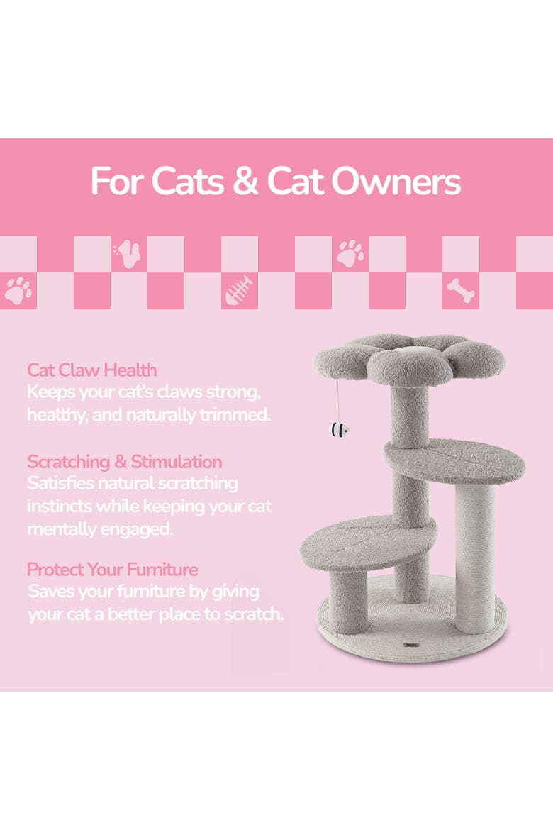 Poppy 3-Tier Modern Jute Flower Cat Tree with Dangling Toy, Alternate, color, Grey/White