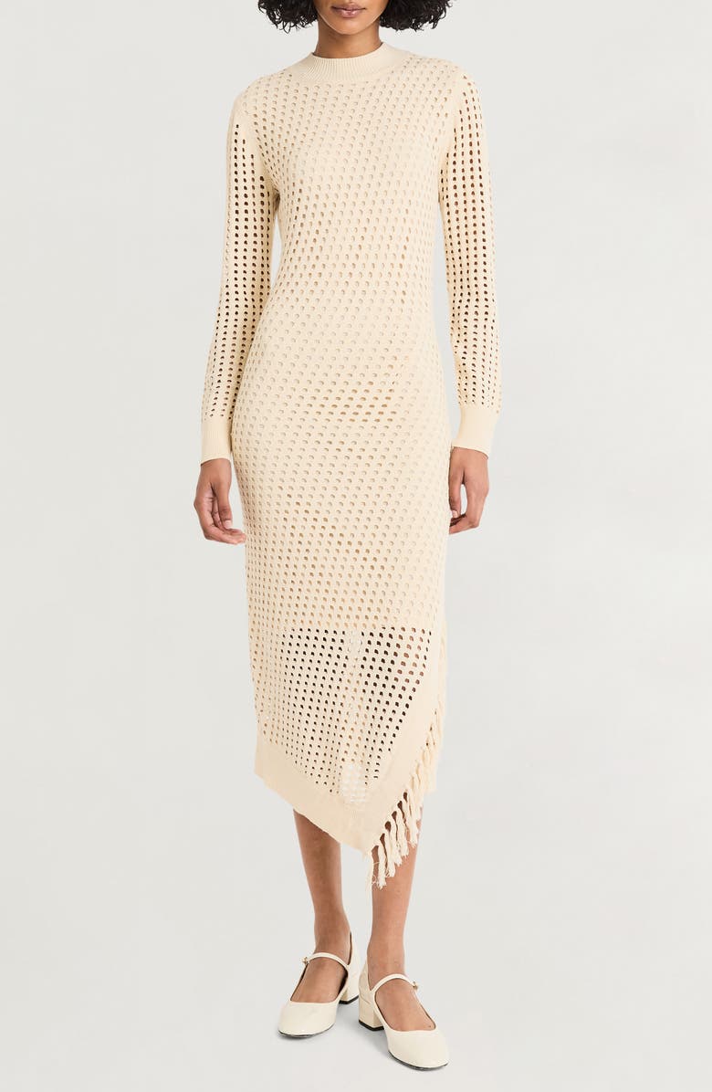 Luxely Open Stitch Fringe Long Sleeve Asymmetric Sweater Dress, Main, color, 