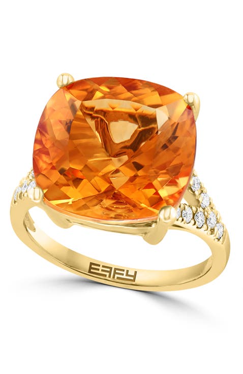 14K Yellow Gold Diamond & Citrine Cushion-Cut Ring