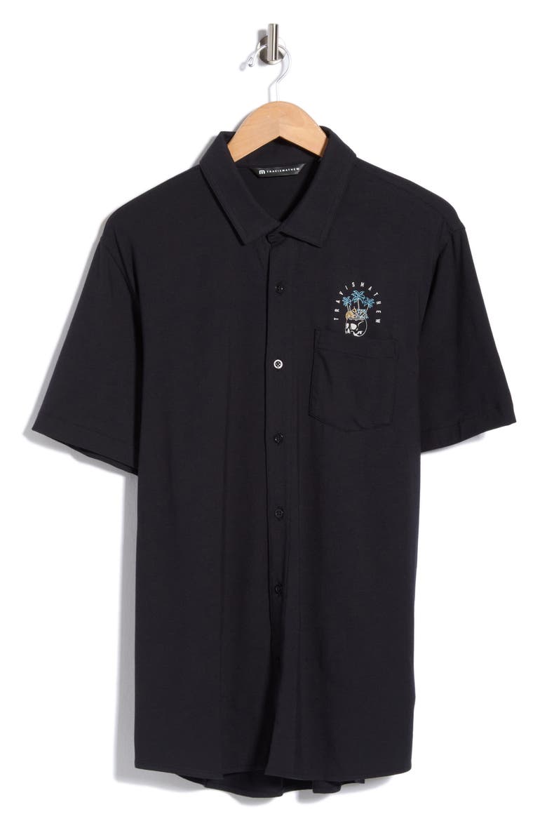 Poolside Pitcher Graphic Short Sleeve Button-Up Shirt, Alternate, color, BLACK