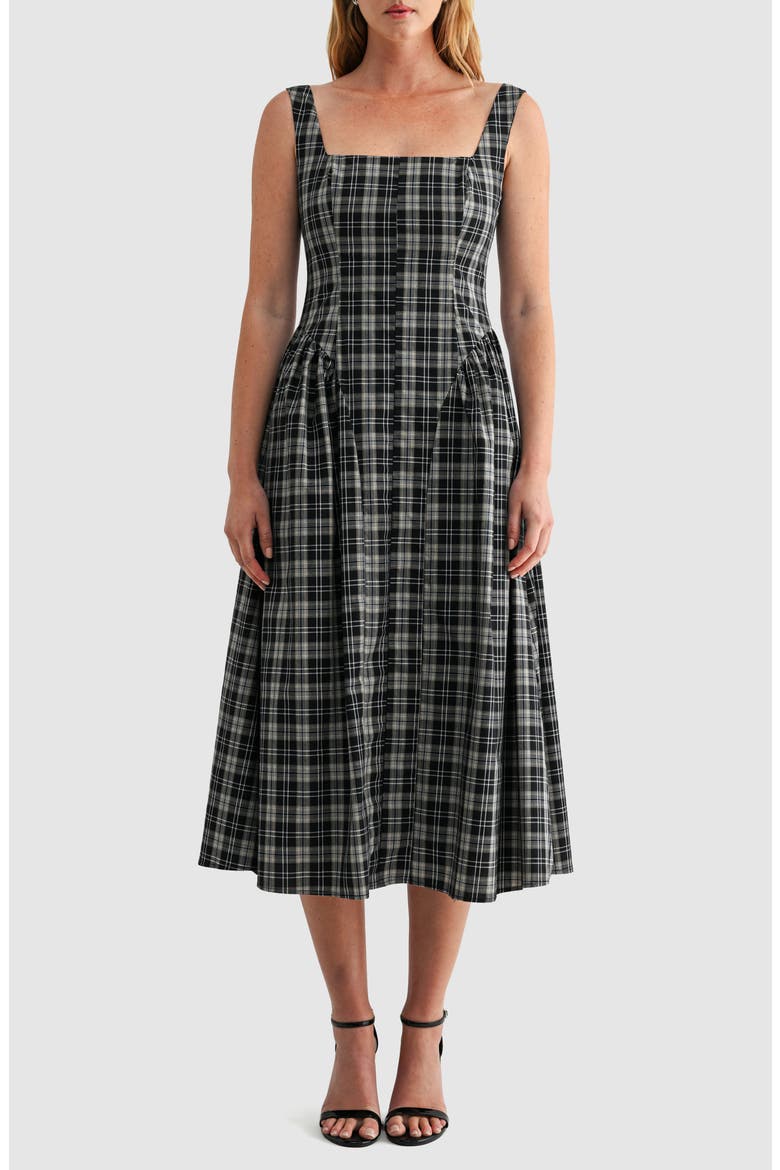 Plaid Square Neck Fit and Flare Midi Dress, Main, color, BLACK PLAID