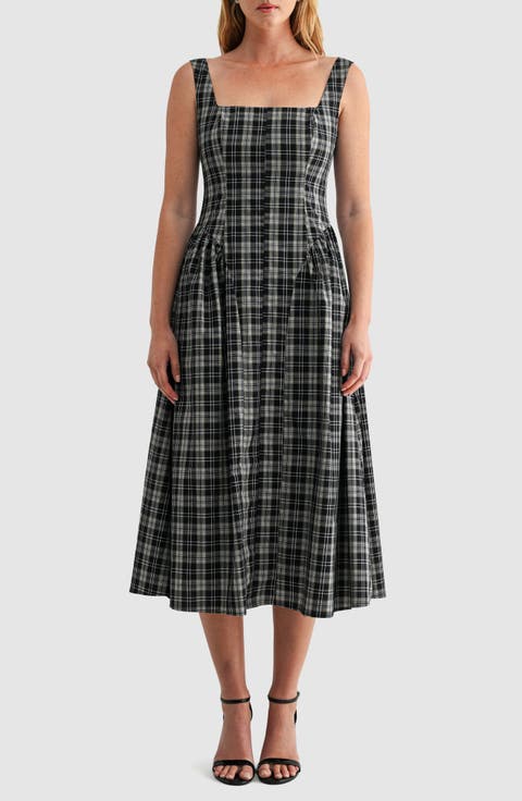 Plaid Square Neck Fit and Flare Midi Dress