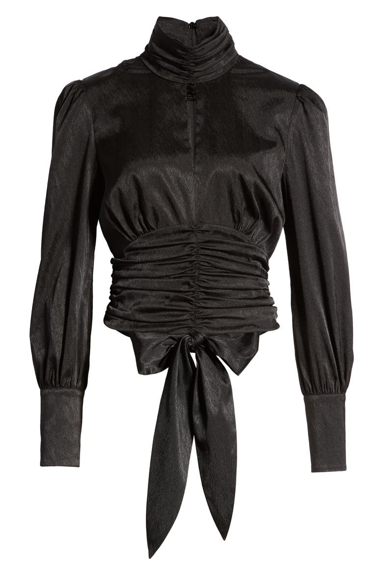 Holly Mock Neck Satin Jacquard Top, Alternate, color, BLACK