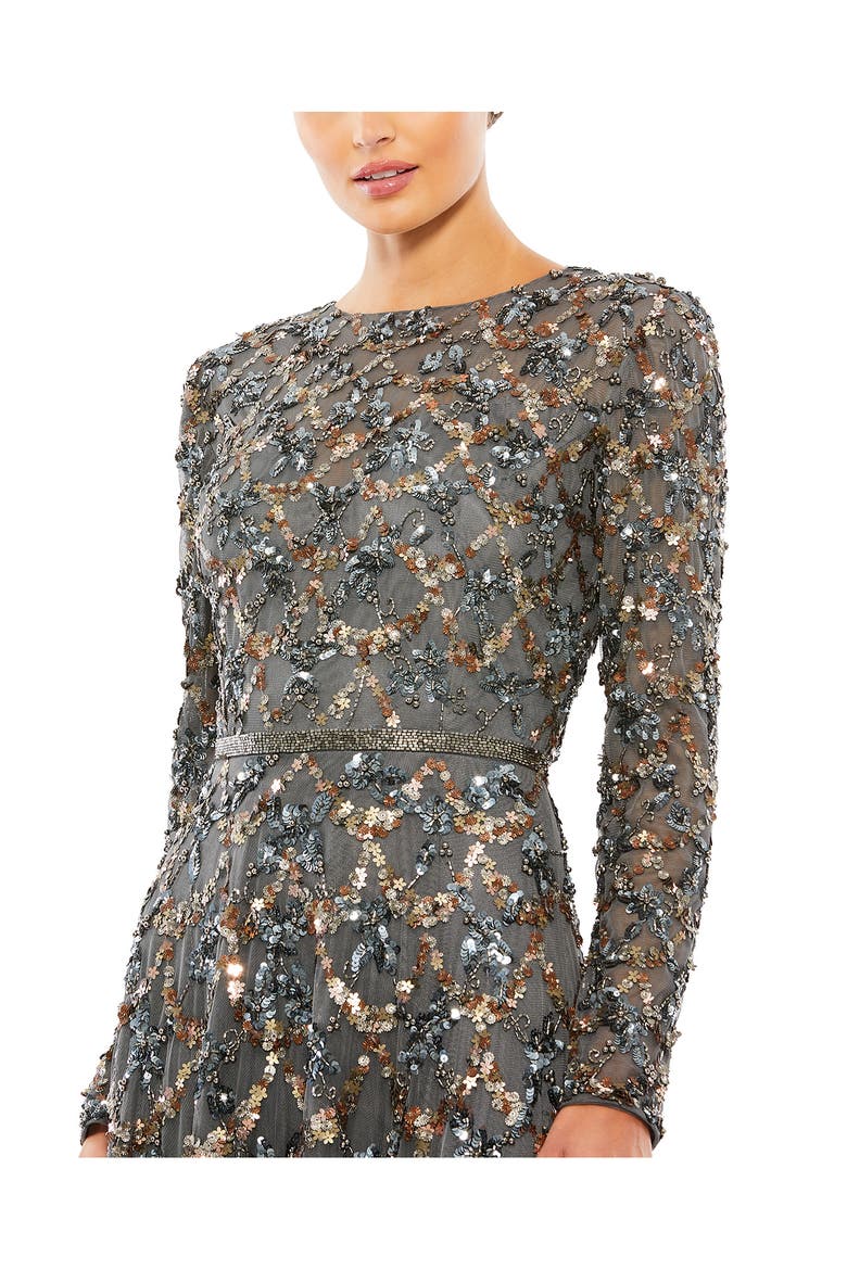 Embellished Illusion High Neck Long Sleeve A Line Gown, Alternate, color, CHARCOAL