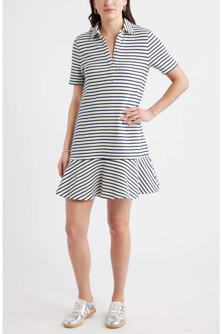 Henley Short Sleeve Polo Dress, Main, color, IVORY- NAVY STRIPE