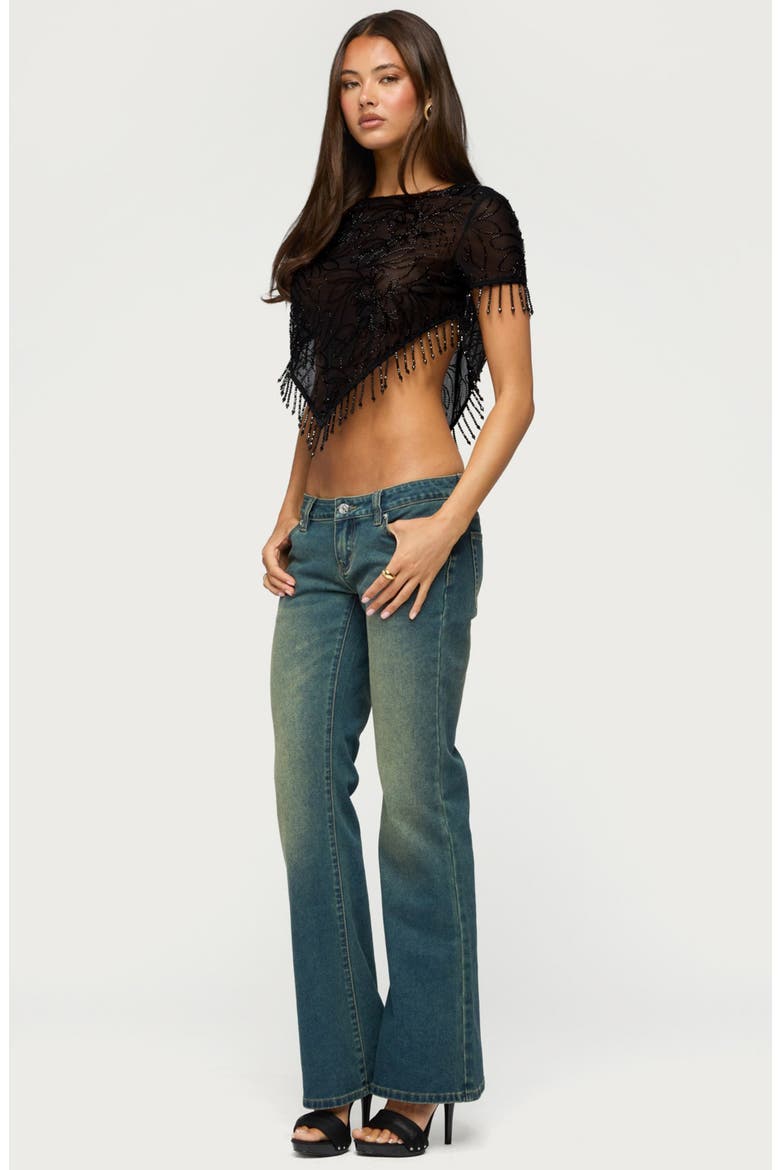 Yanna Beaded Fringe Poncho Crop Top, Alternate, color, BLACK