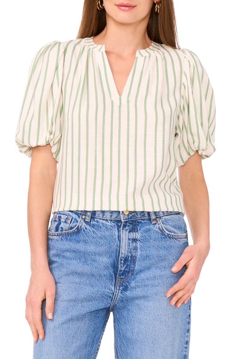 Vince Camuto Stripe Puff Sleeve Top, Main, color, Eucalyptus