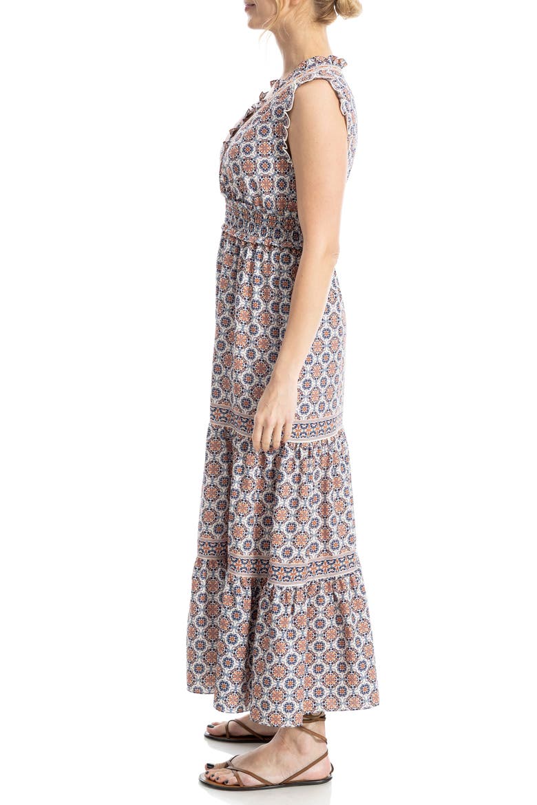 Smocked Fit & Flare Maxi Dress, Alternate, color, CREAM/ BLUE CURVY CUBE