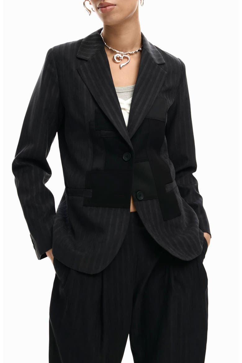 Mixed Media Pinstripe Single Breasted Blazer, Main, color, DARK GREY