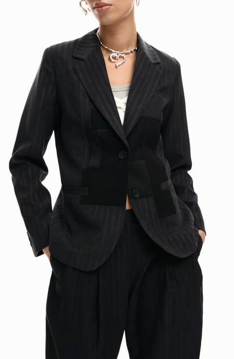 Mixed Media Pinstripe Single Breasted Blazer