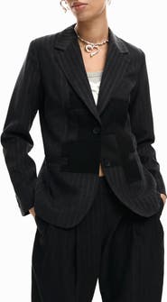 Desigual Mixed Media Pinstripe Single Breasted Blazer