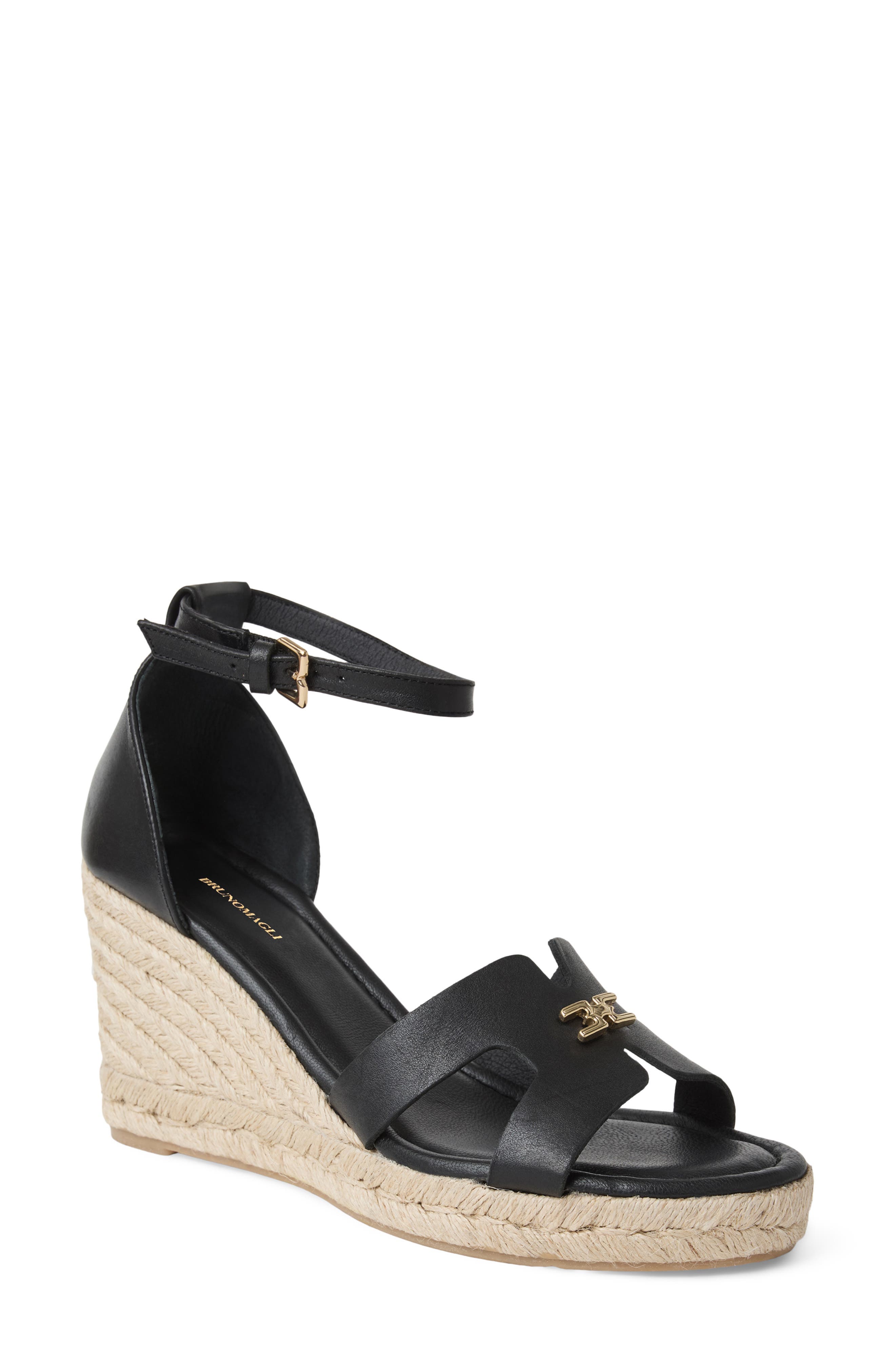 Bruno Magli Dina Ankle Strap Wedge Sandal, Main, color, Black Nappa