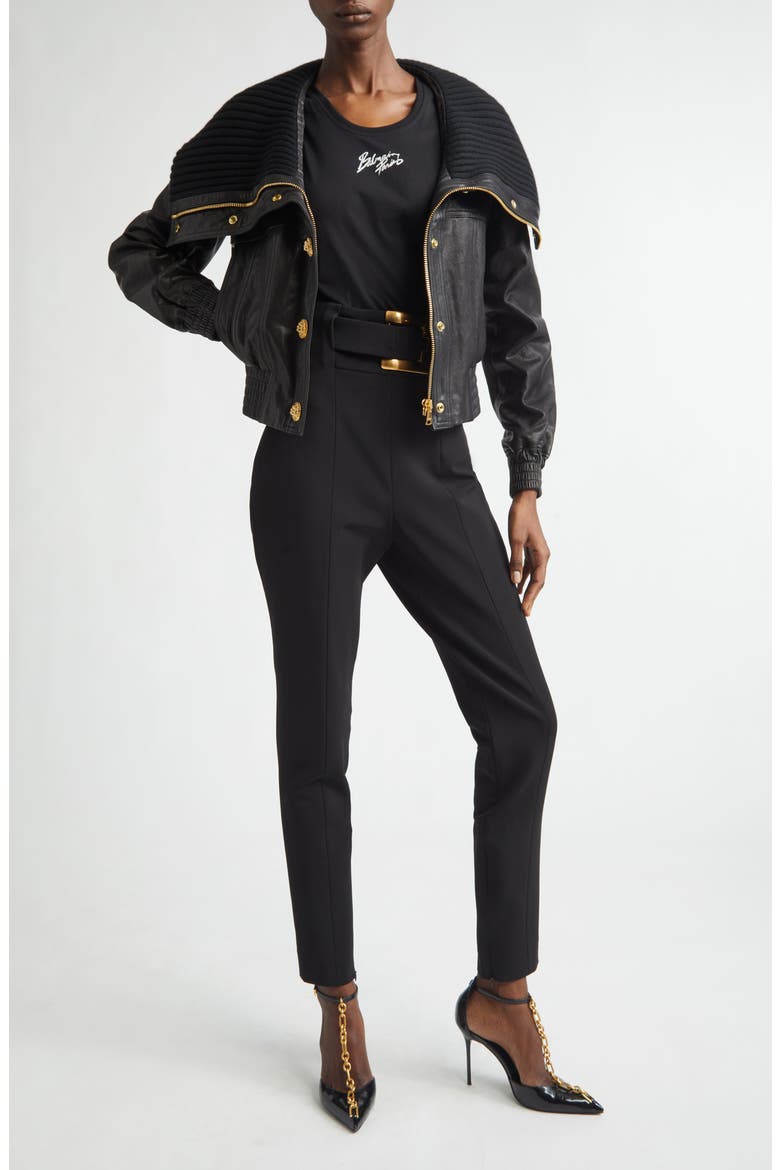 Knit Collar Lambskin Leather Bomber Jacket, Alternate, color, 0PA BLACK