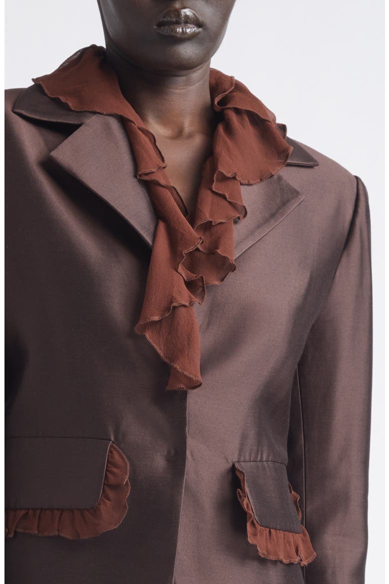 Arianna Ruffle Silk & Wool Jacket, Alternate, color, BROWN