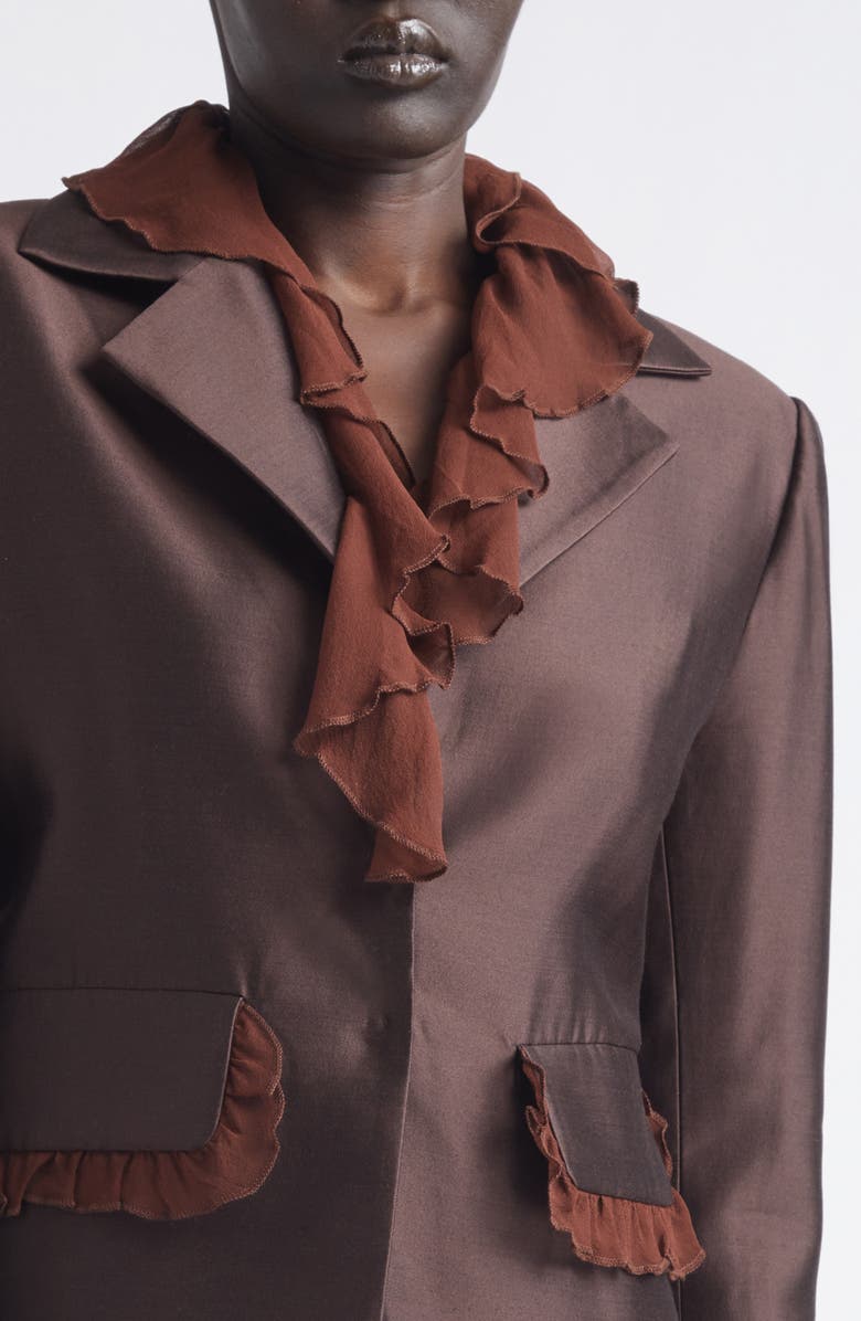KIM SHUI Arianna Ruffle Silk & Wool Jacket, Alternate, color, Brown