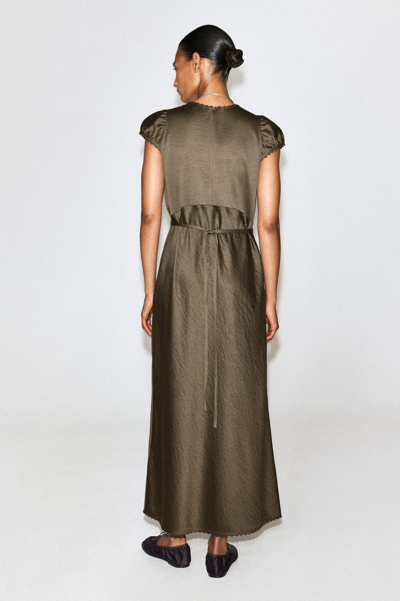 Embroidered Satin Midi Dress, Alternate, color, BROWN