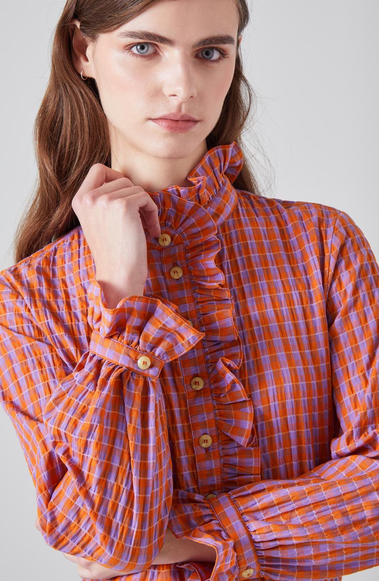 LK Bennett Camille Ruffle Mock Neck Shirt, Alternate, color, Orange