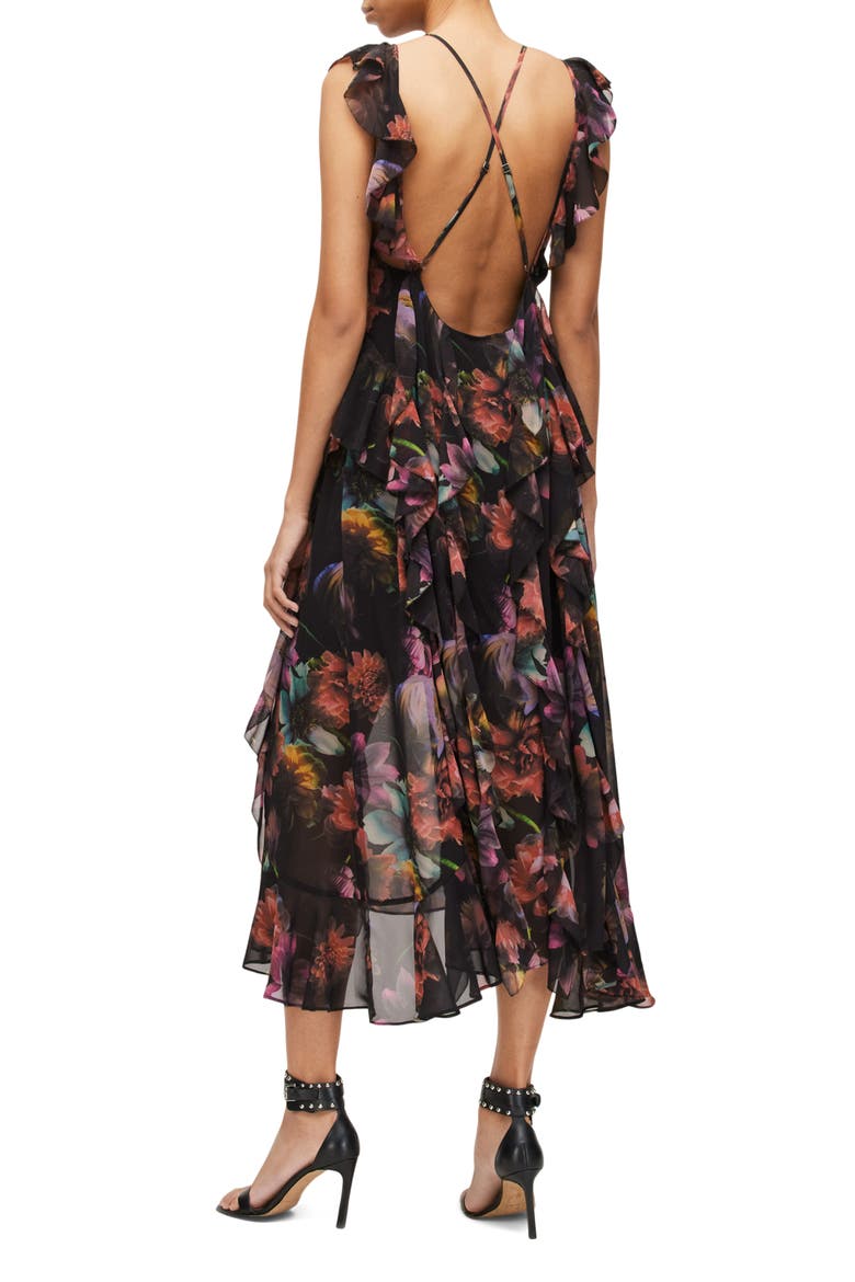 Fali Ahiahi Floral Ruffle Midi Dress, Alternate, color, BLACK