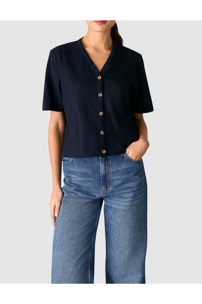 Ella V-Neck Button Through Top, Alternate, color, Navy