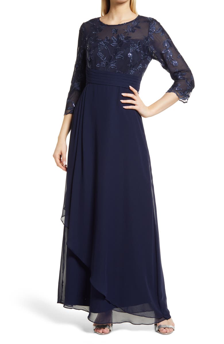 Alex Evenings Sequin Embroidered Bodice Empire Waist Gown, Main, color, Navy